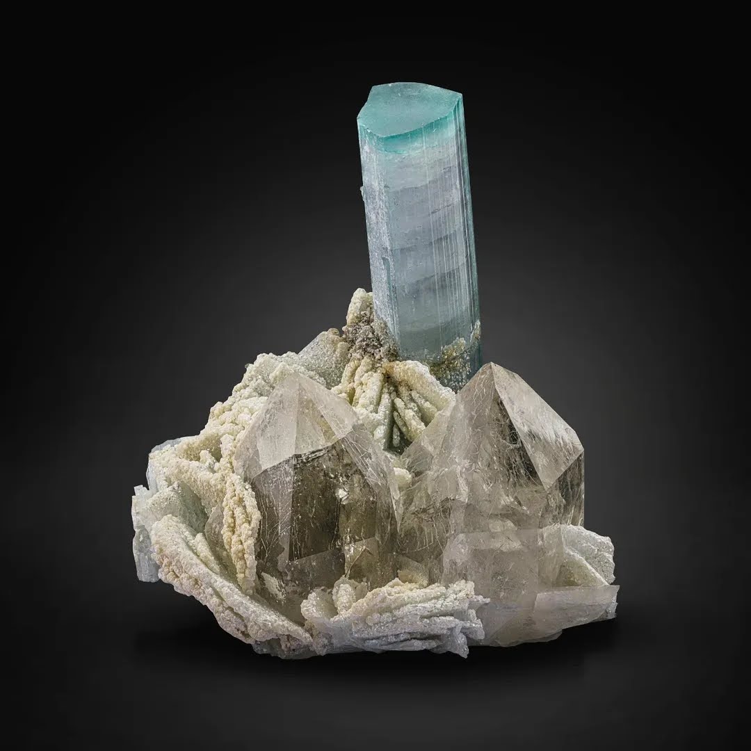 Free Standing Seafoam Blue Tourmaline Crystal on Smoky Quartz from Afghanistan