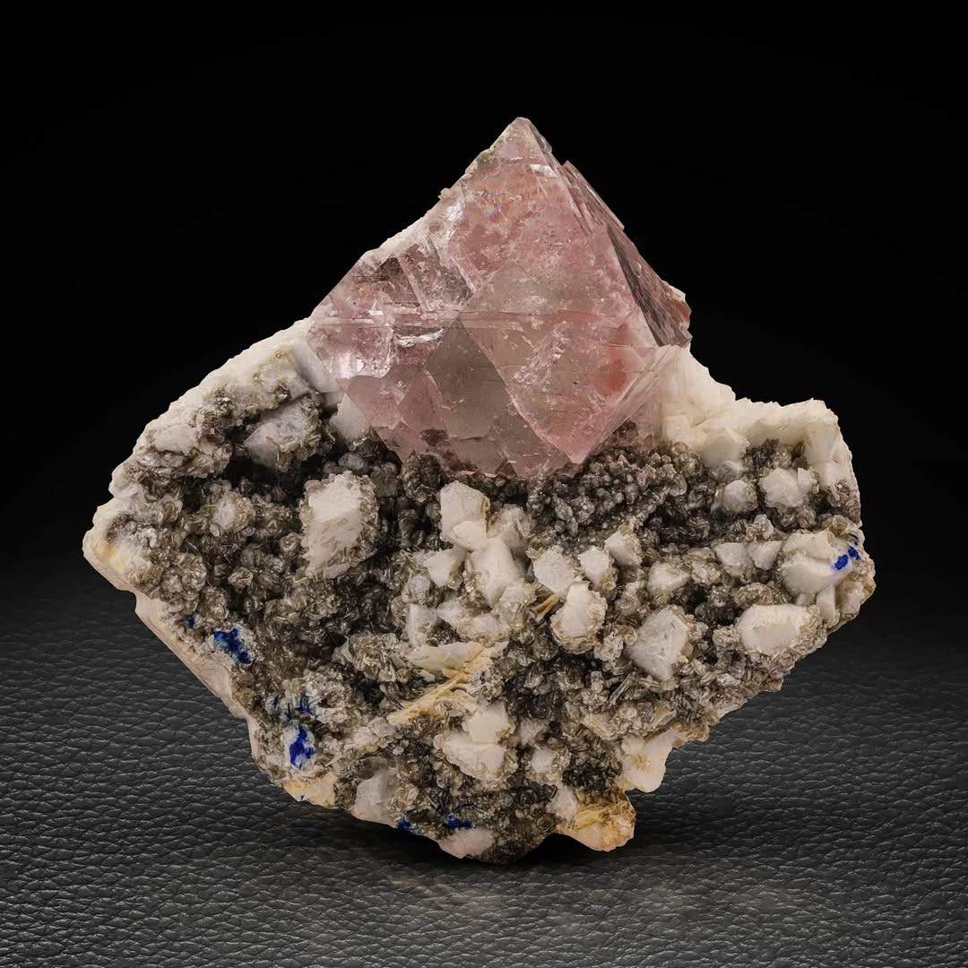 Isolated Pink Fluorite Crystal on Albite with Muscovite from Pakistan
