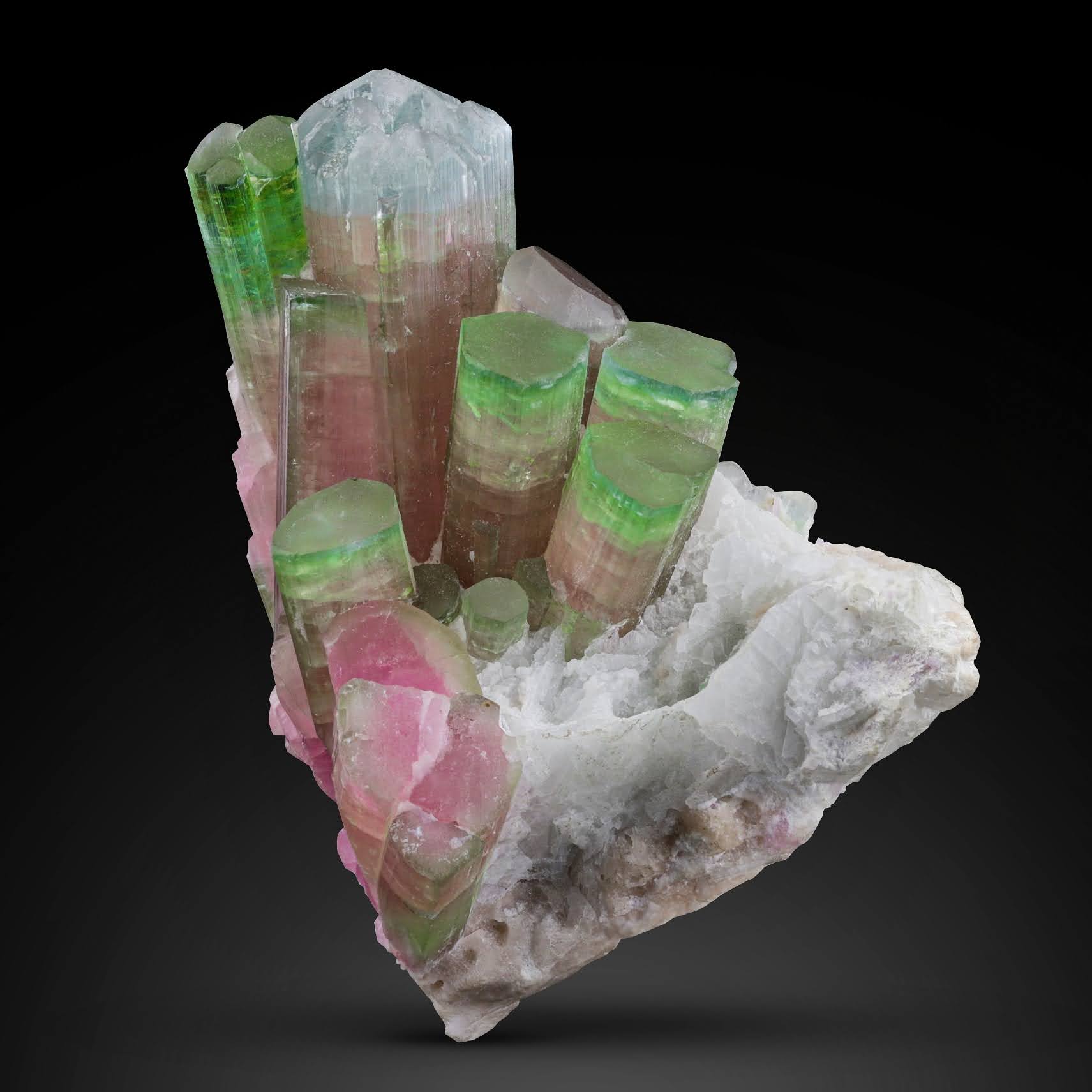 colorful cluster of Tourmaline crystals on Albite matrix From Afghanistan
