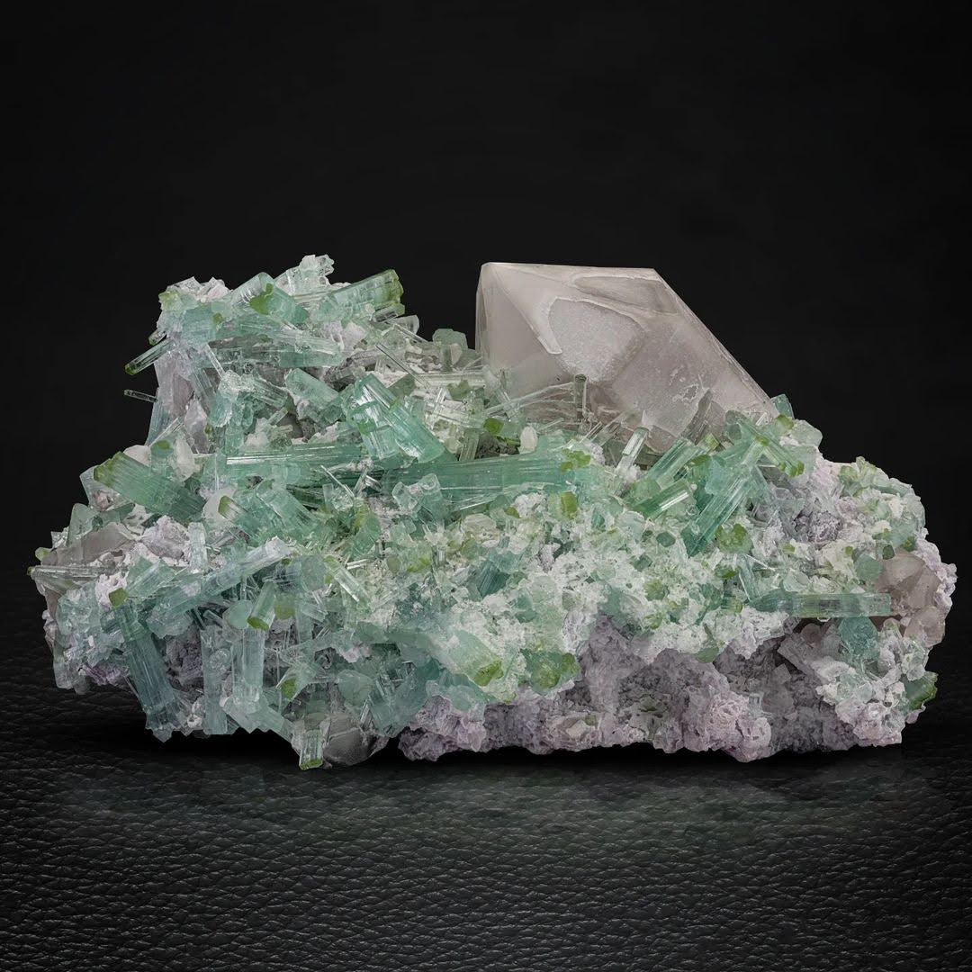 Green Cap Tourmaline Crystals on Quartz with Lepidolite from Afghanistan