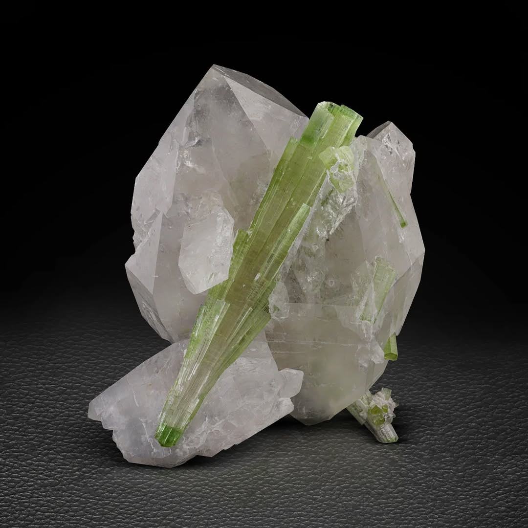 Mint-Green Tourmaline Crystals on Double Terminated Quartz from Pakistan