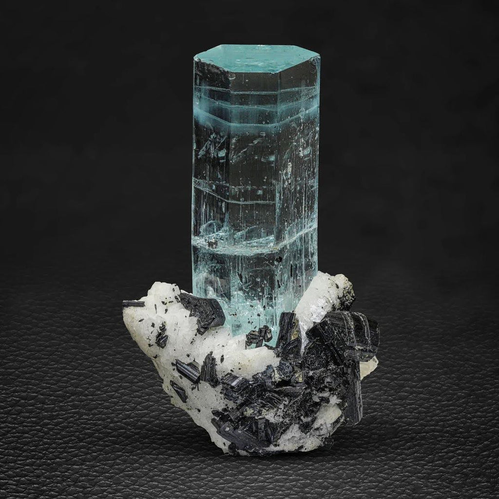 Aqua-Blue Aquamarine Crystal on Albite with Schorl from Pakistan