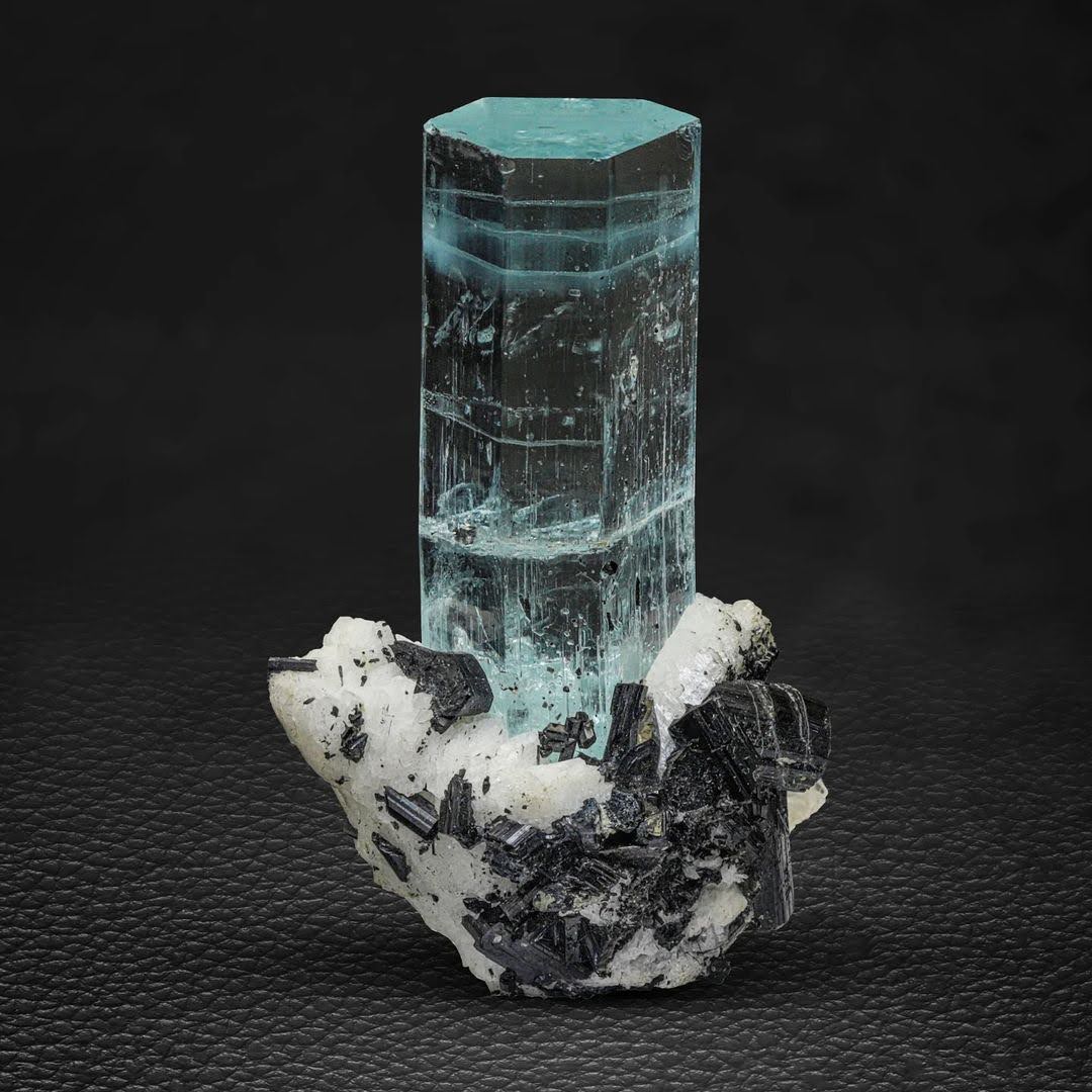 Aqua-Blue Aquamarine Crystal on Albite with Schorl from Pakistan