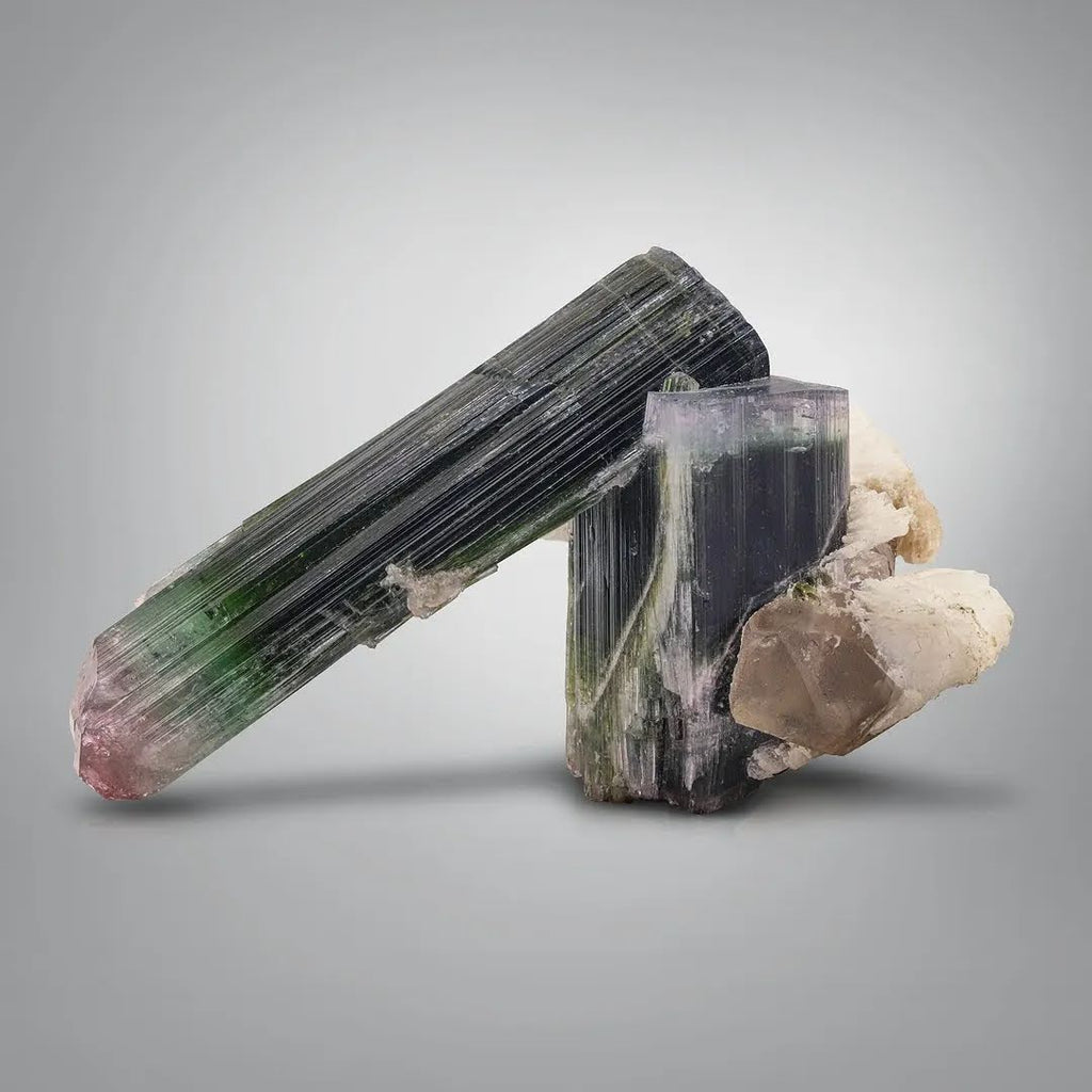 Cluster Terminated Bi color Tourmaline Crystals with Smoky Quartz from Afghanistan