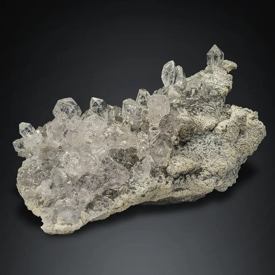 Cluster of Diamond Quartz Scepter Crystals on Calcite from Pakistan