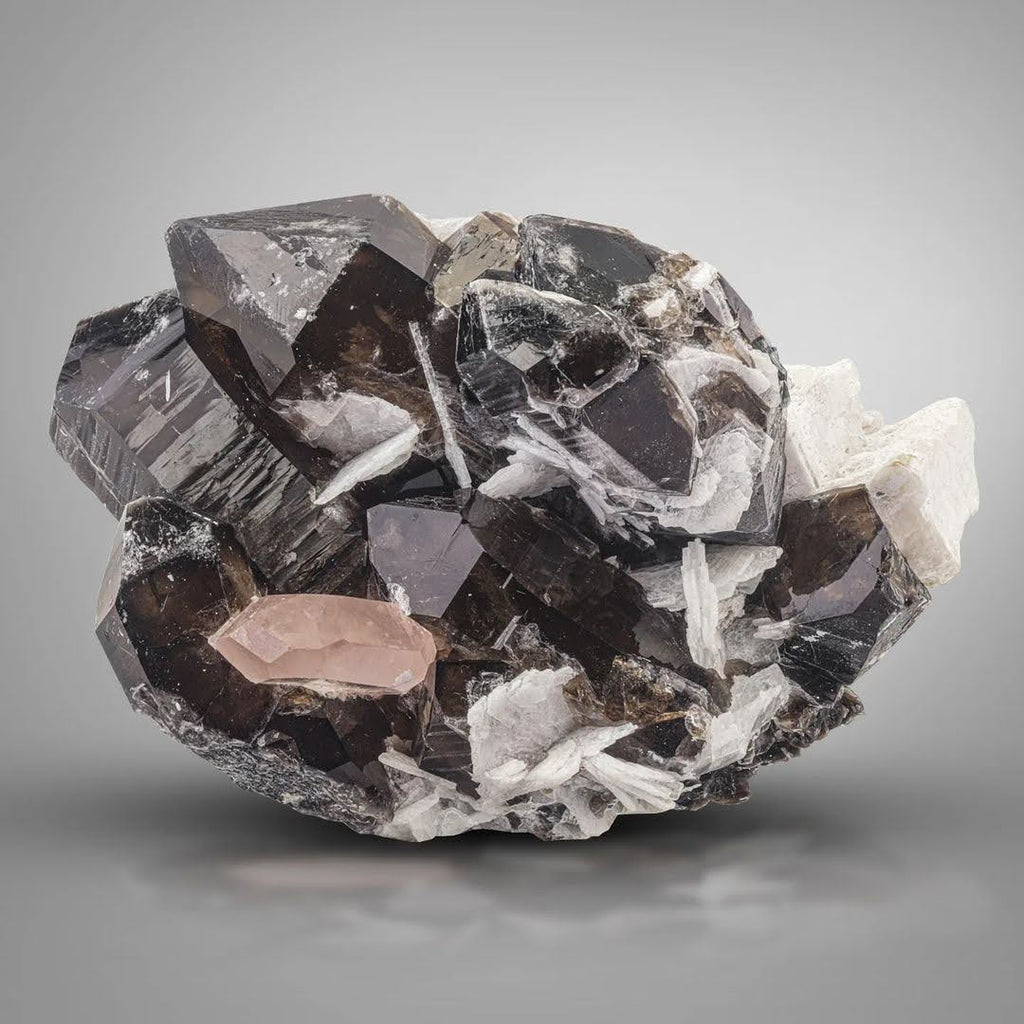 Peach Morganite Tabular Crystal on Smoky Quartz with Albite from Afghanistan