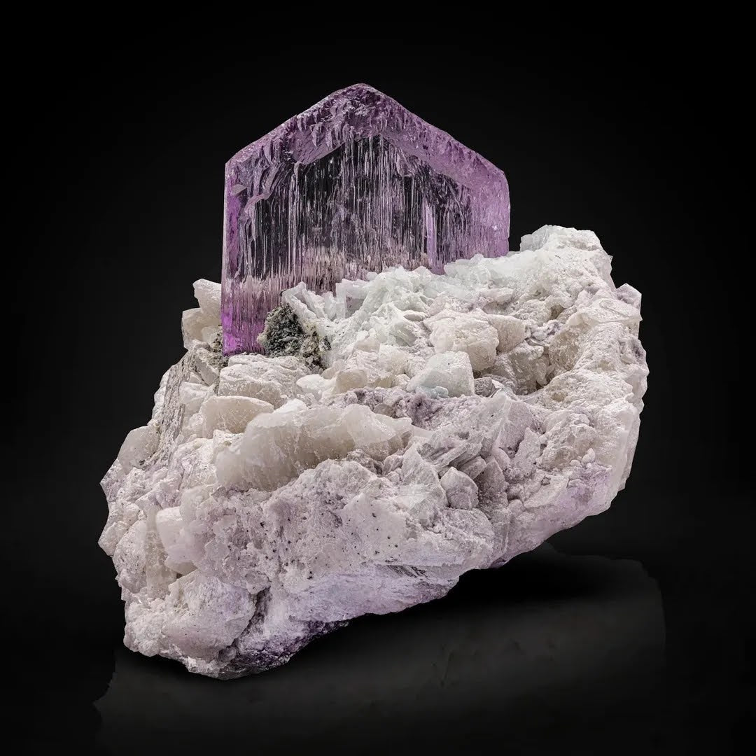 Vibrant Pink Kunzite Crystal Positioned on Top of Albite Matrix from Afghanistan