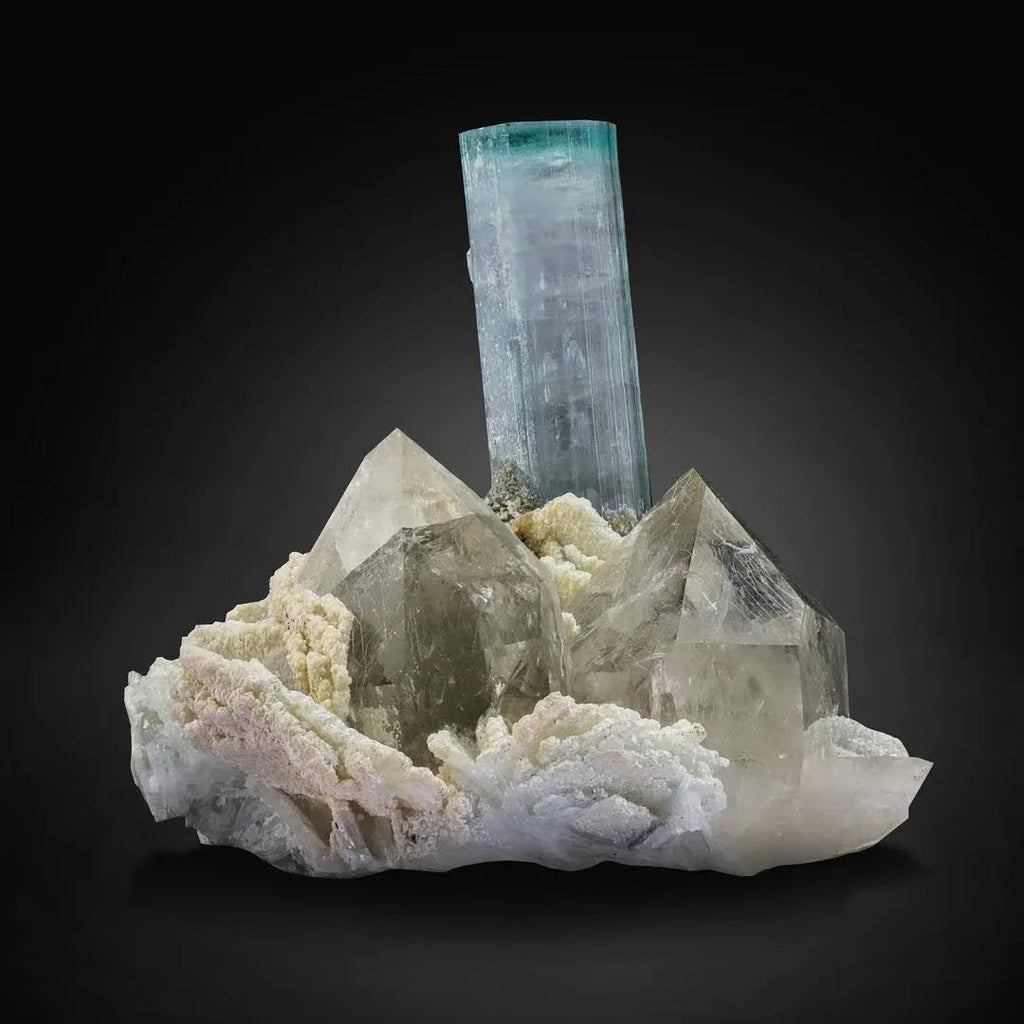 Free Standing Seafoam Blue Tourmaline Crystal on Smoky Quartz from Afghanistan