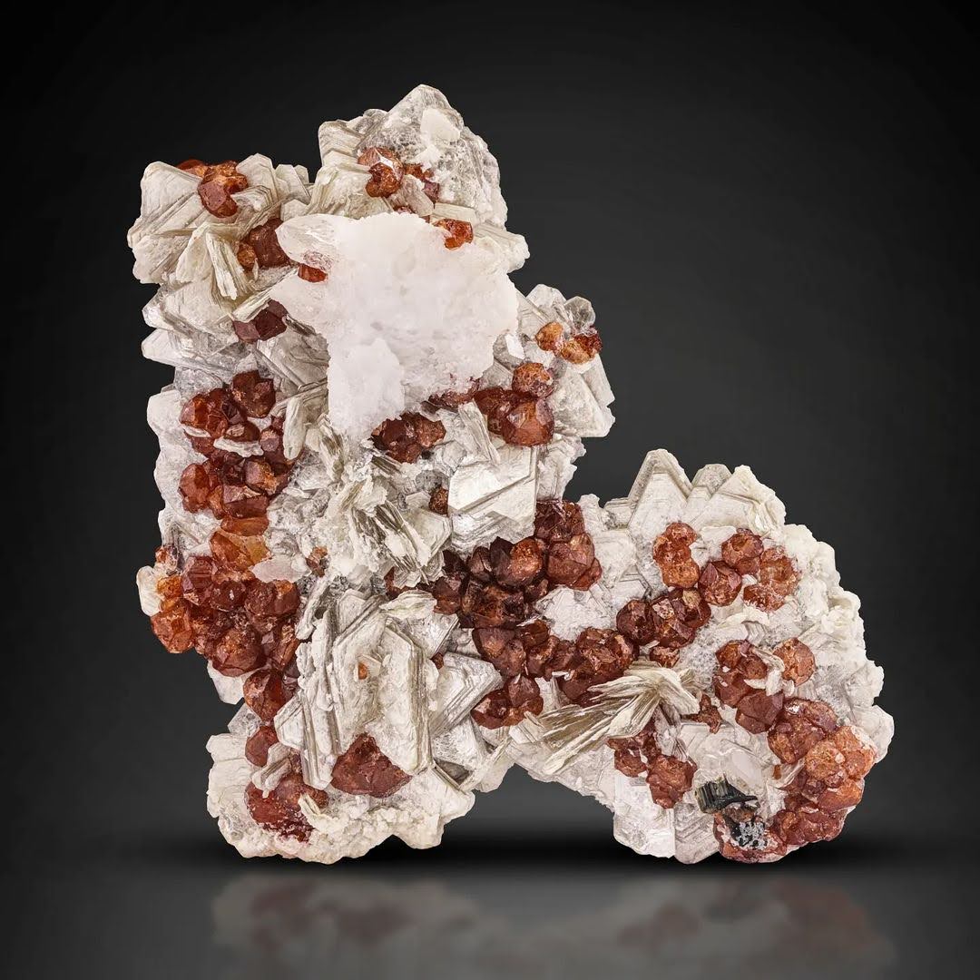 Red Hassonite Garnet Crystals on Muscovite with Schorl from Pakistan