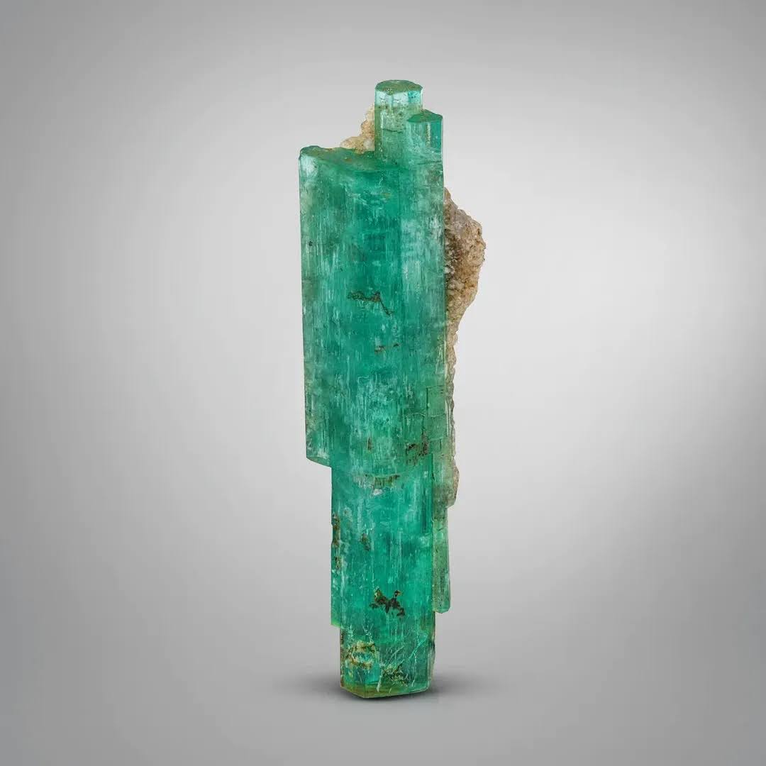 Double Terminated Dark Green Emerald Crystal with Calcite from Afghanistan