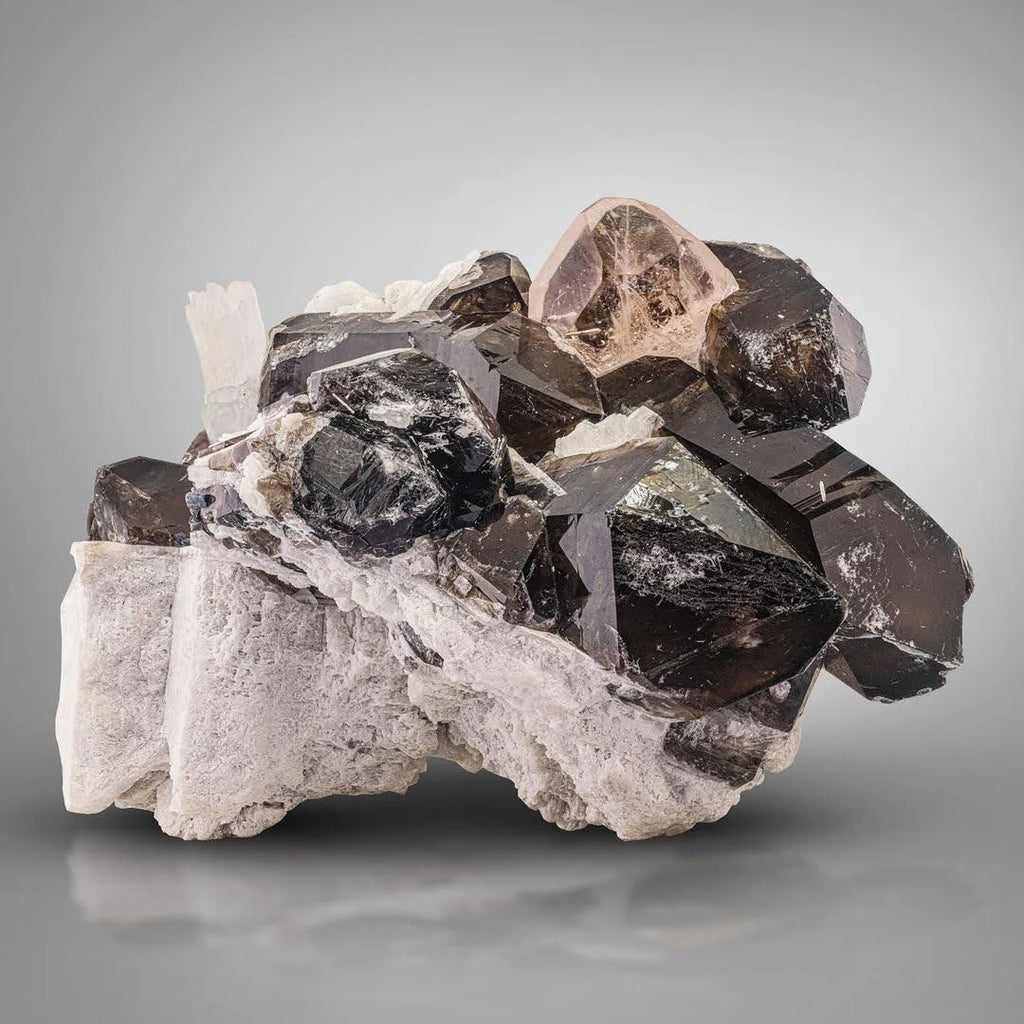 Peach Morganite Tabular Crystal on Smoky Quartz with Albite from Afghanistan