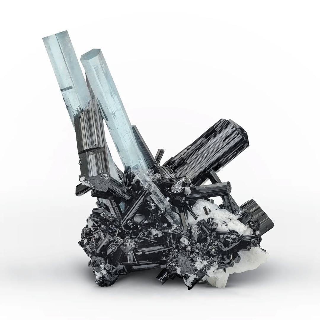 Specimen of Aquamarine Crystals on Schorl Black Tourmaline from Pakistan
