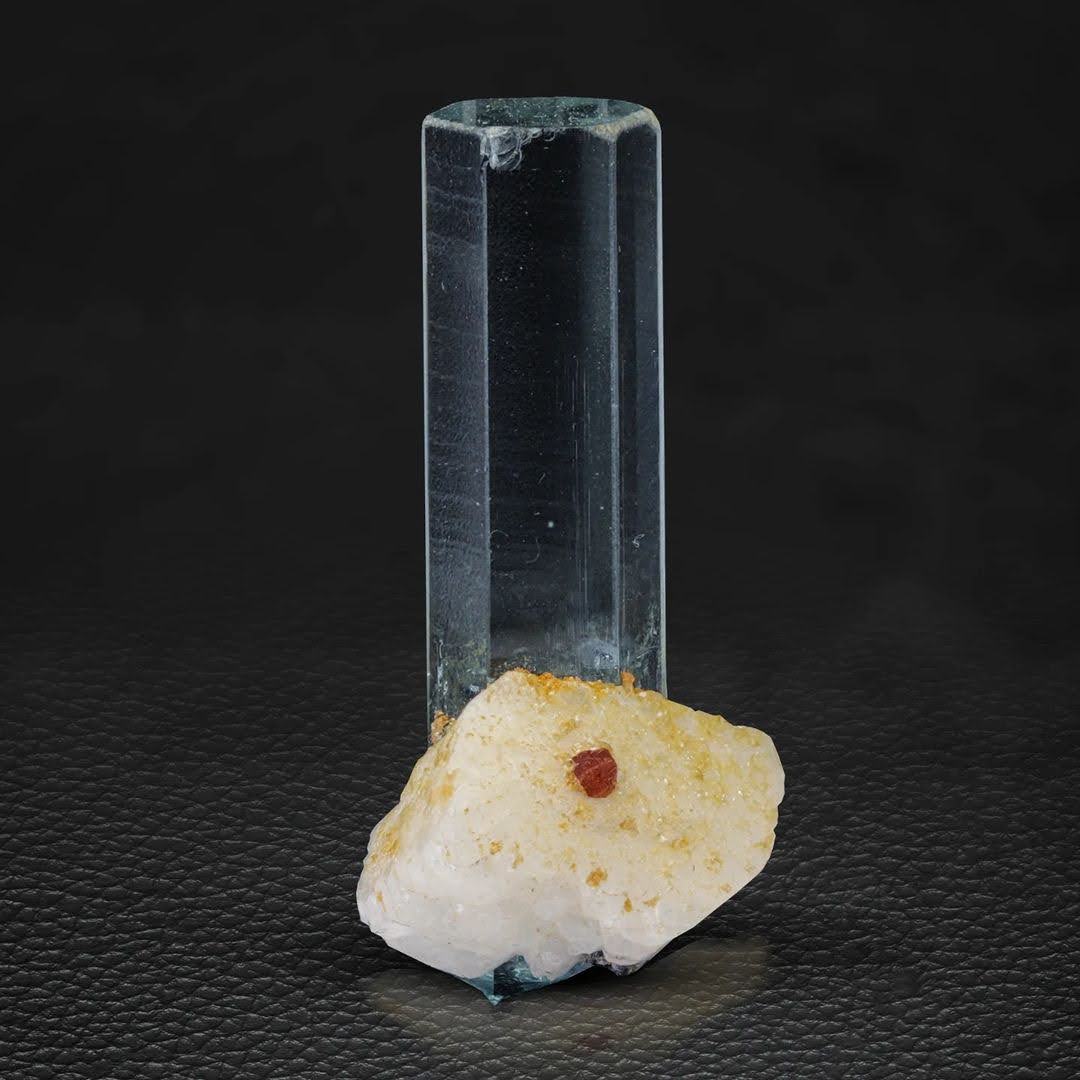 Free Standing Aquamarine on Albite with Spessertine Garnet from Pakistan