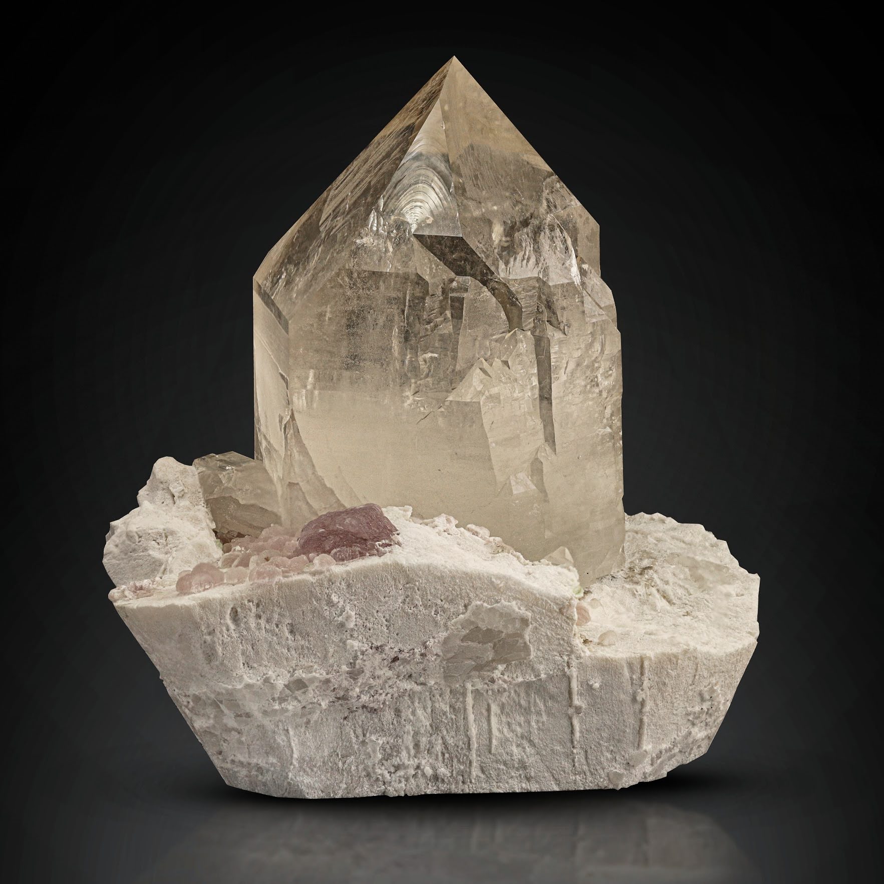 vibrant Smoky Quartz crystal on Albite with Lepidolite from Pakistan