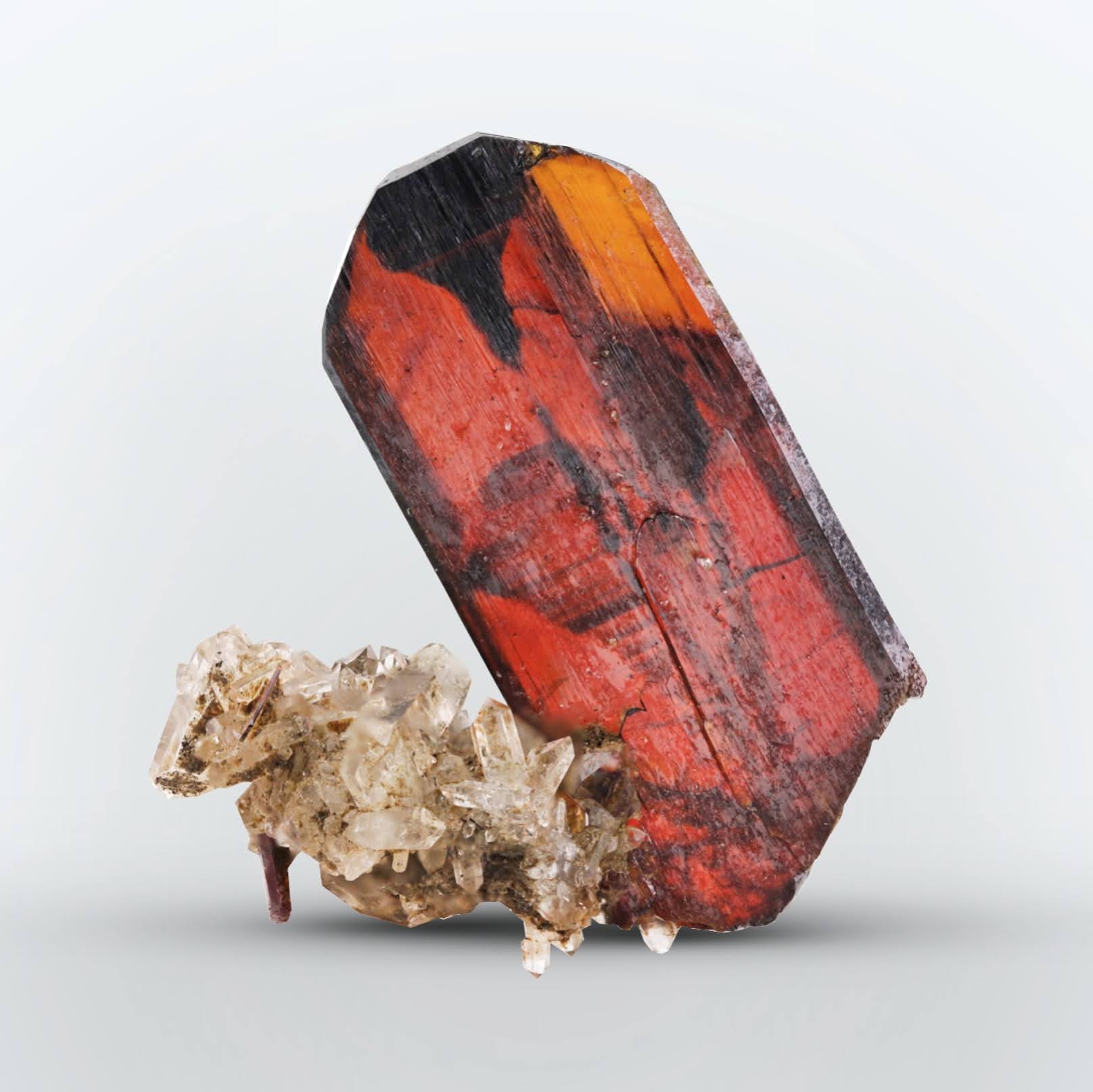 Thick blood red compact Brookite crystal perched on Quartz from Pakistan