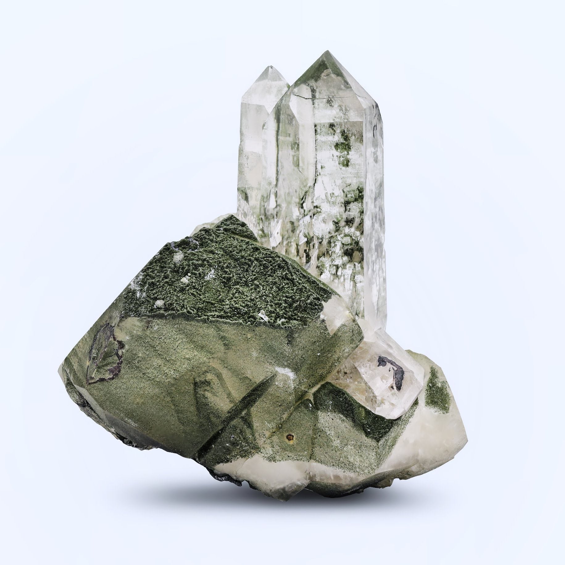 pointed terminated Chlorite Quartz crystals on Calcite from Pakistan