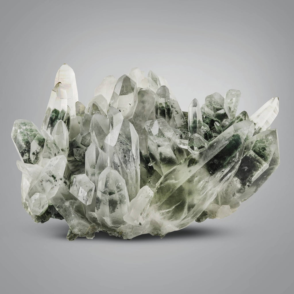 Gorgeous green color Chlorite Quartz pointed crystal cluster from Pakistan