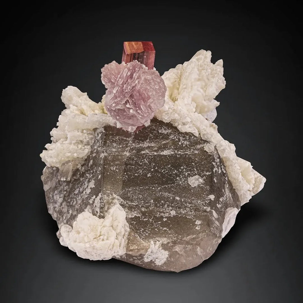 Pink Tourmaline with Lepidolite on Smoky Quartz from Afghanistan