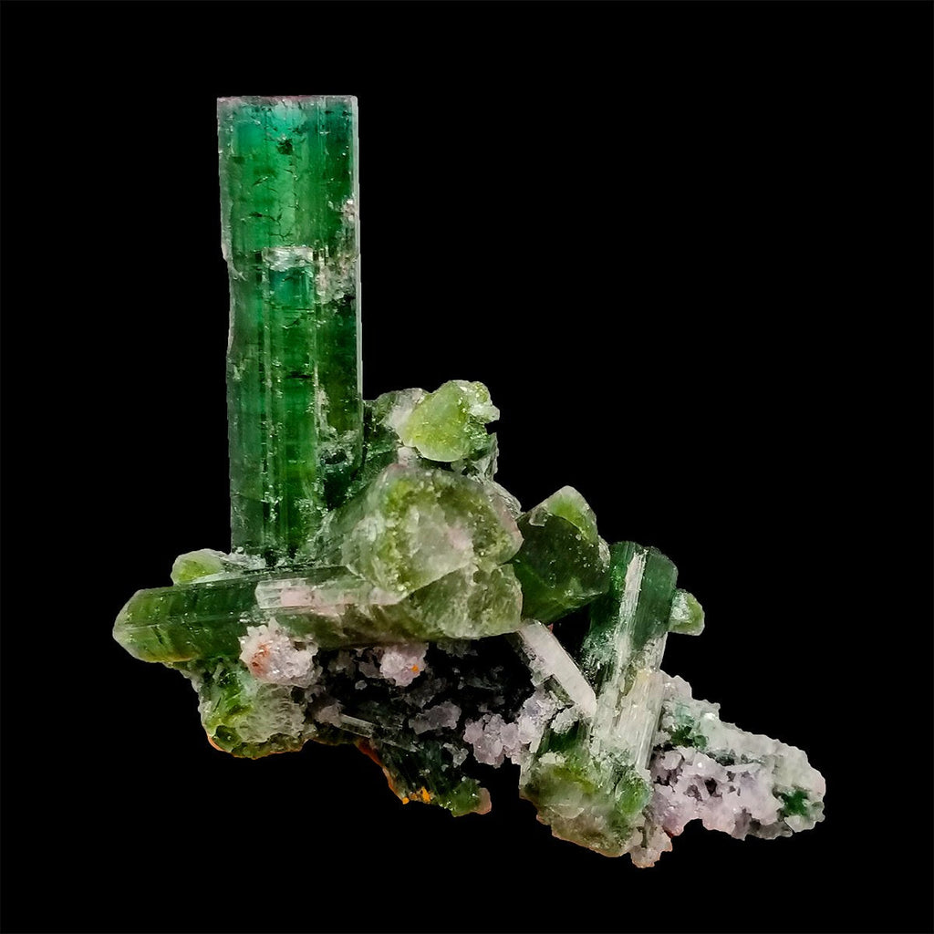 Vivid Green Aesthetic Tourmaline Crystal Cluster, Purple Lepidolite
