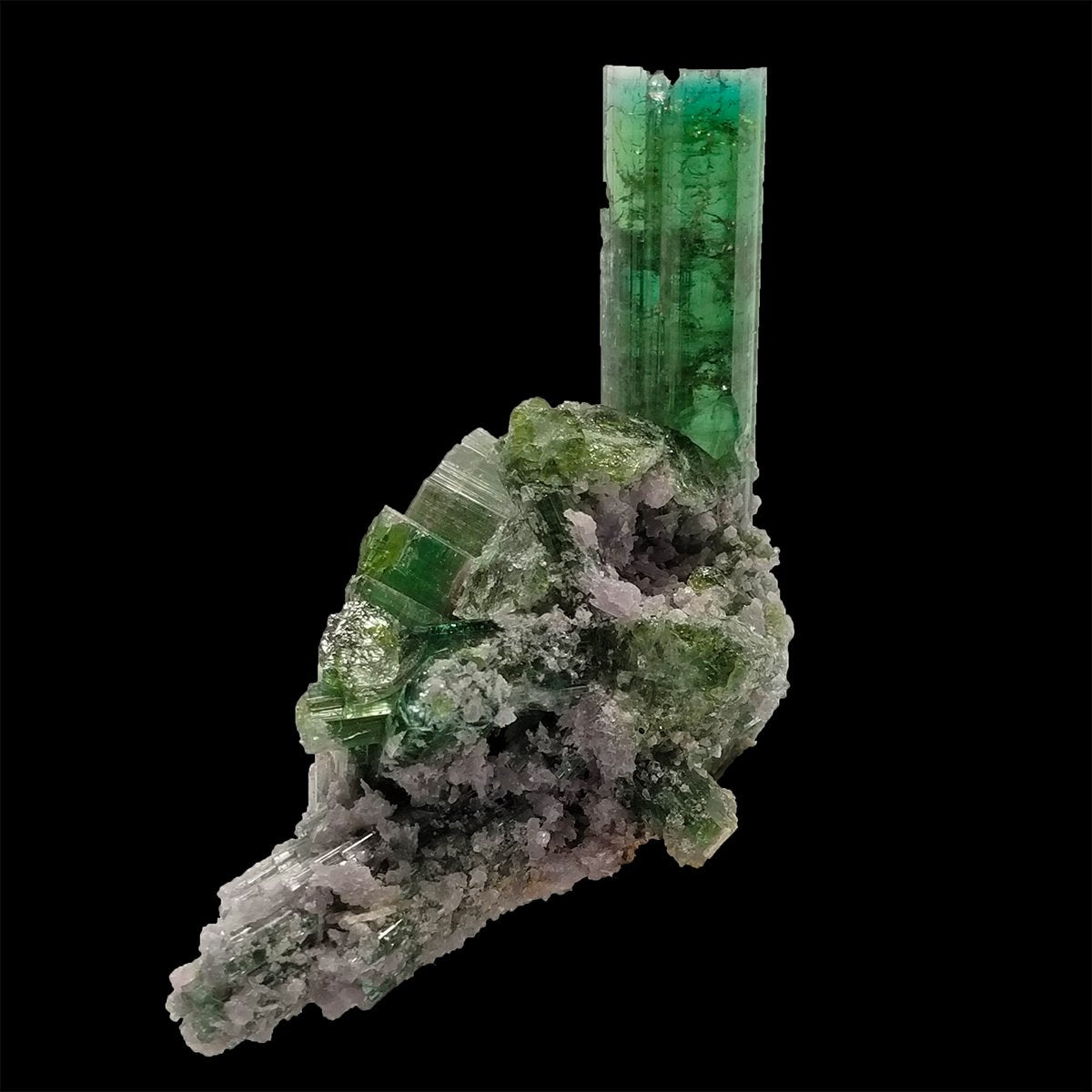 Vivid Green Aesthetic Tourmaline Crystal Cluster, Purple Lepidolite