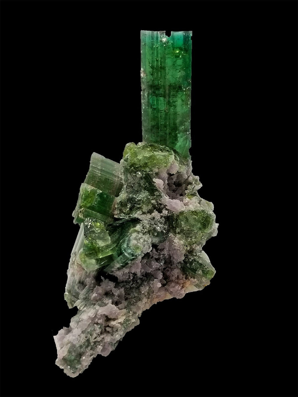 Vivid Green Aesthetic Tourmaline Crystal Cluster, Purple Lepidolite