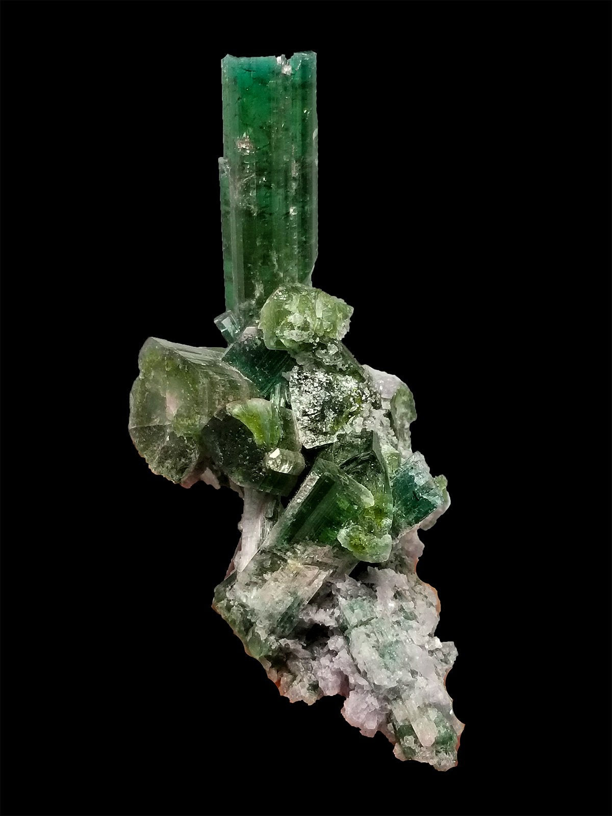 Vivid Green Aesthetic Tourmaline Crystal Cluster, Purple Lepidolite