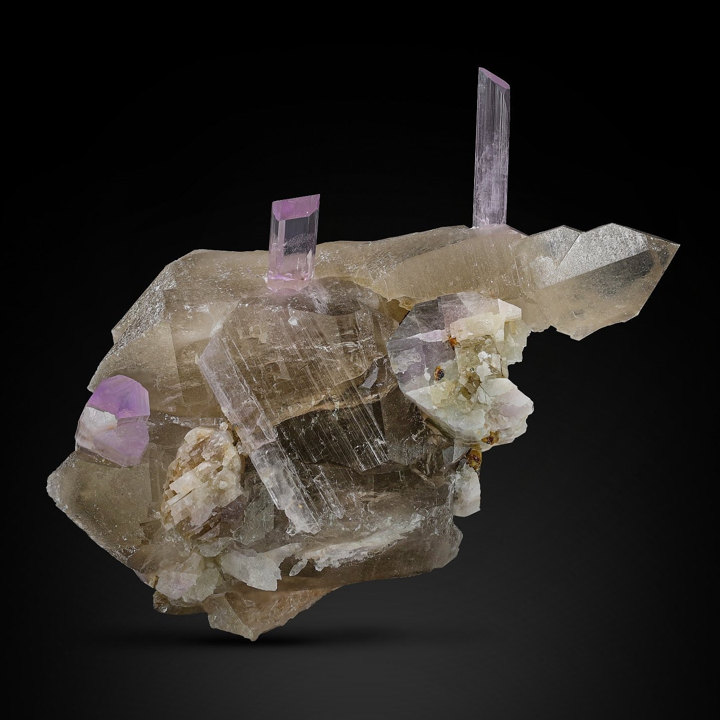 Kunzite Crystals On Smoky Quartz From Afghanistan