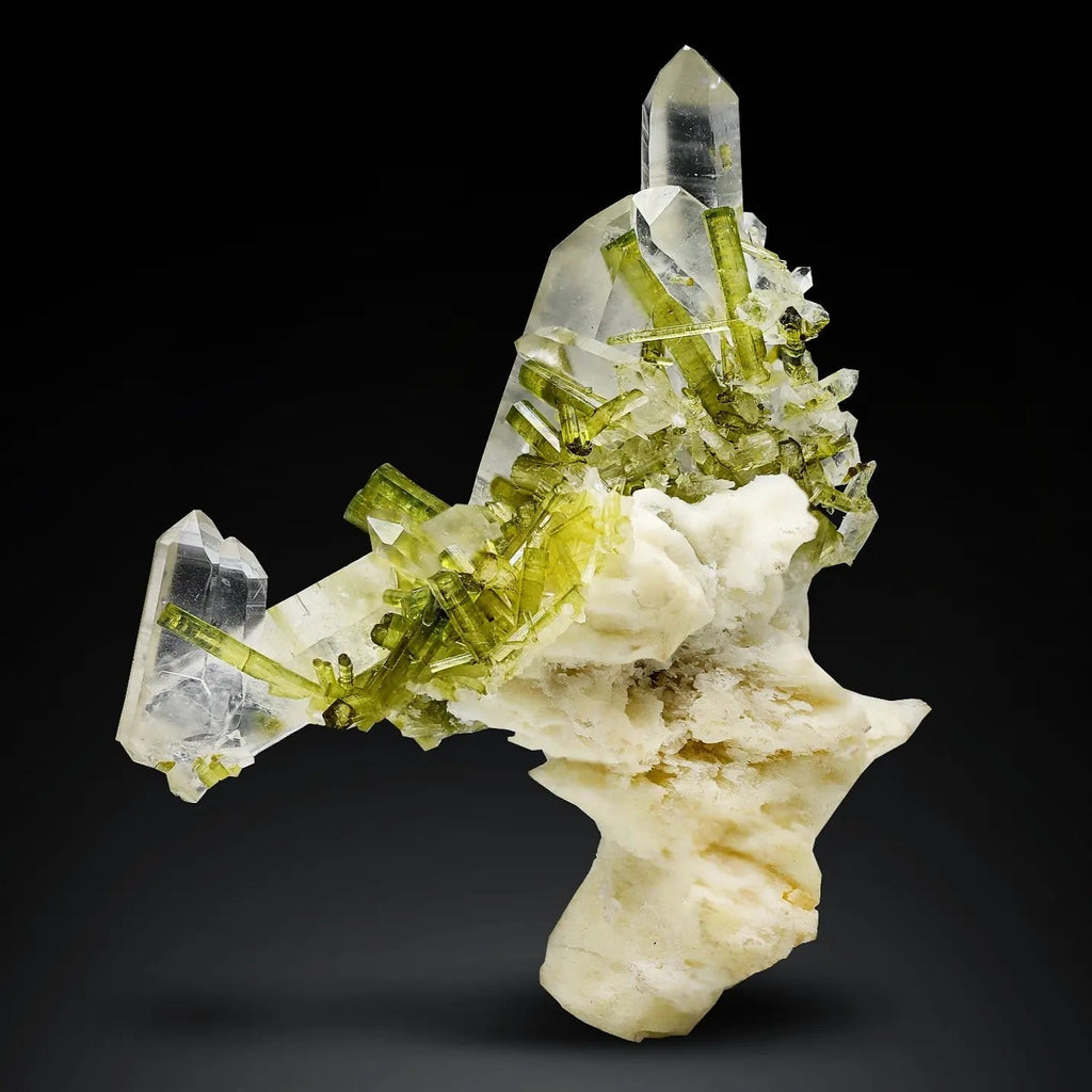 Aesthetic example of Tourmaline crystals on Quartz Crystal from Pakistan