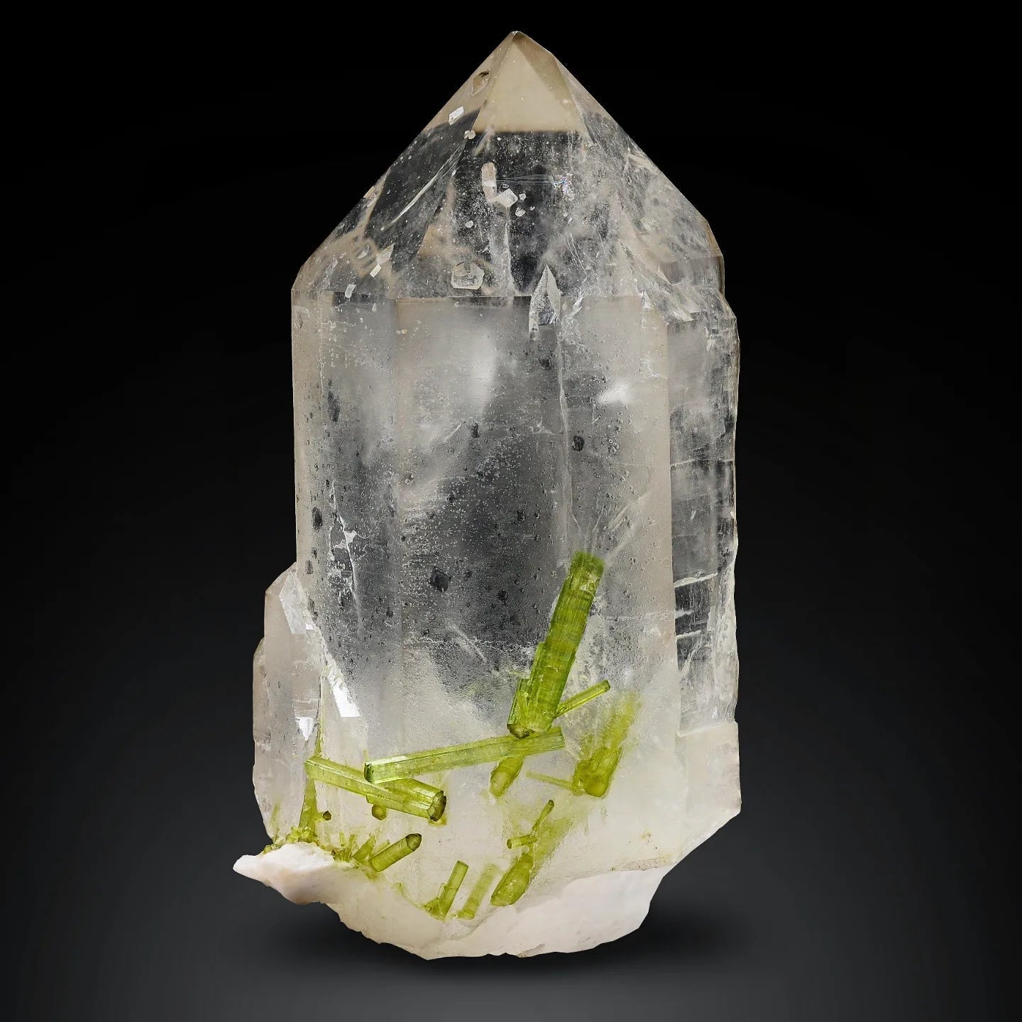 Mint-green Tourmaline crystal cluster on terminated Smoky Quartz from Pakistan