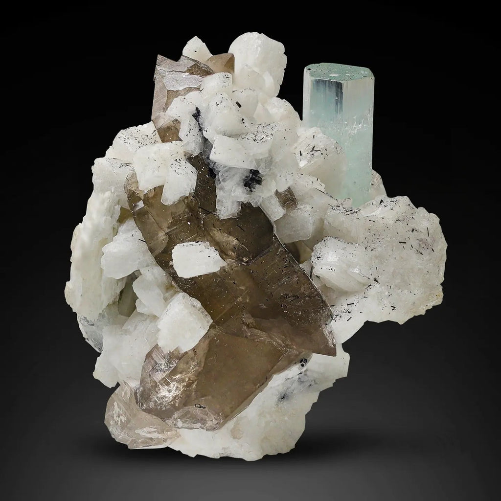 Aquamarine crystal nicely positioned on Smoky Quartz with Albite from pakistan