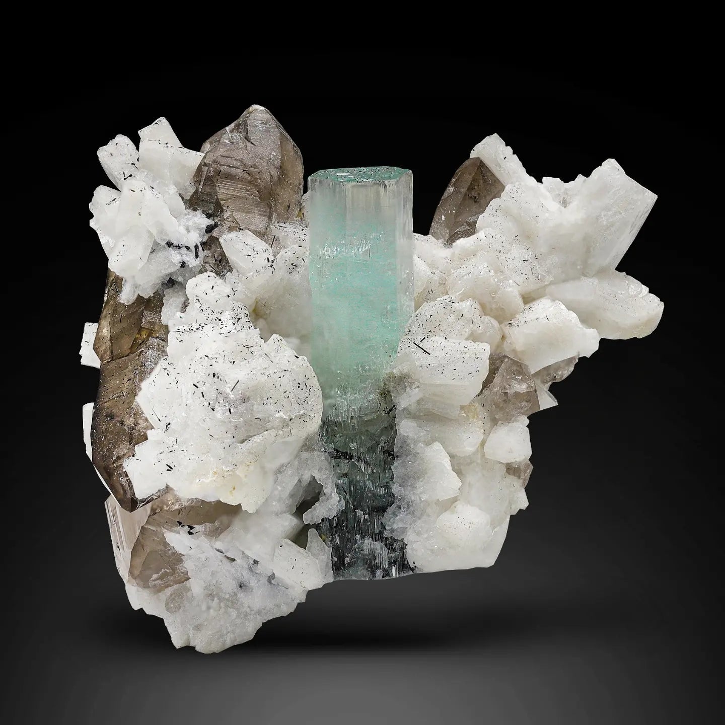 Aquamarine crystal nicely positioned on Smoky Quartz with Albite from pakistan