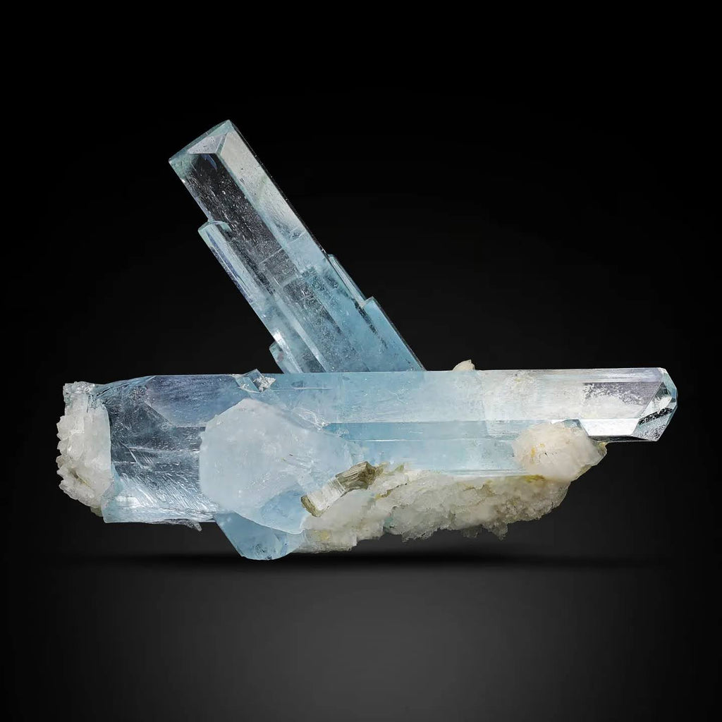 Blue Aquamarine Crystals On Albite From Pakistan