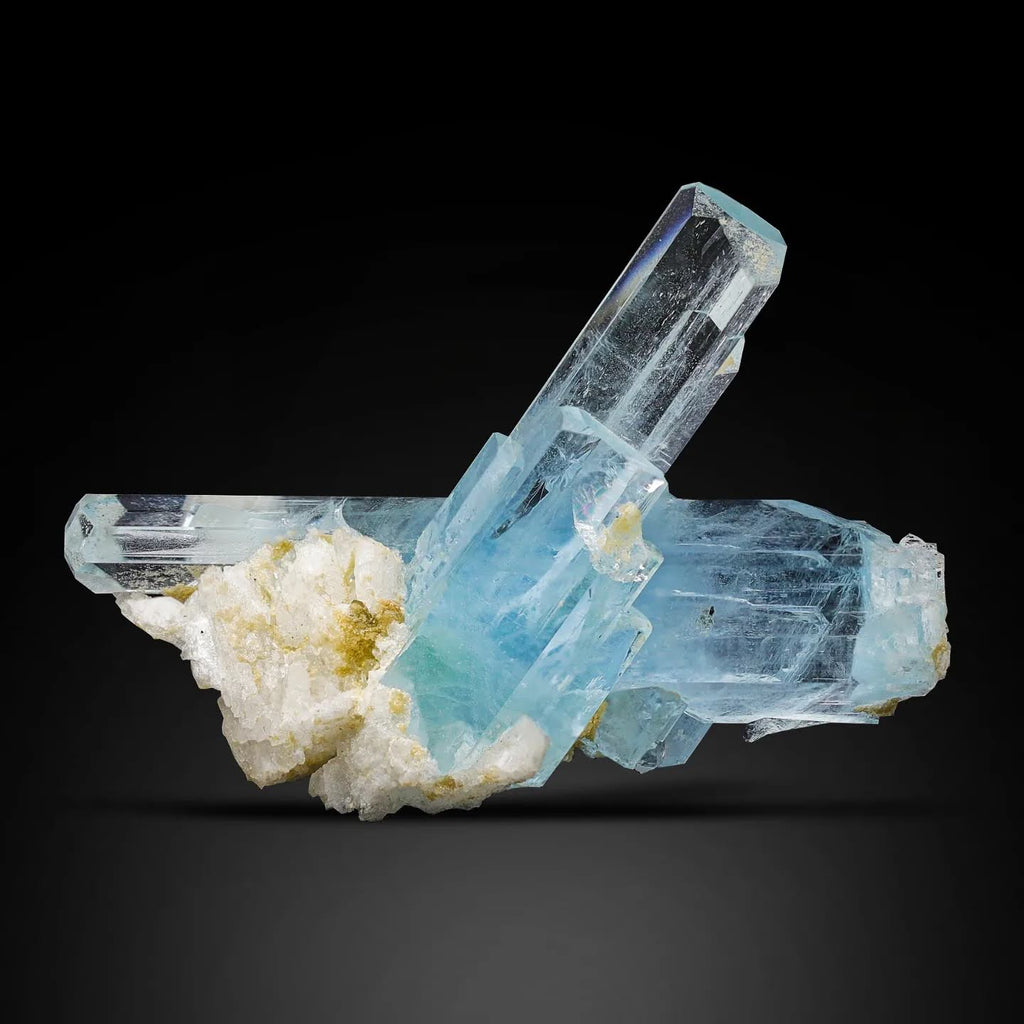 Blue Aquamarine Crystals On Albite From Pakistan
