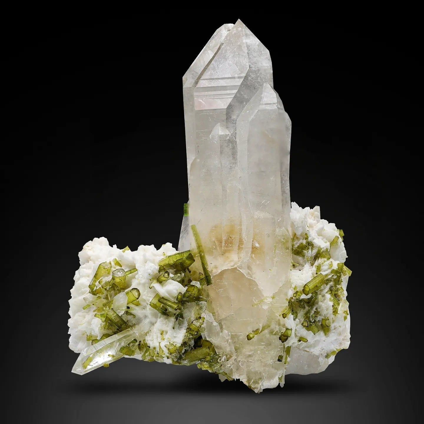 Pointed Terminated Quartz crystals with Mint-Green Tourmaline from Pakistan