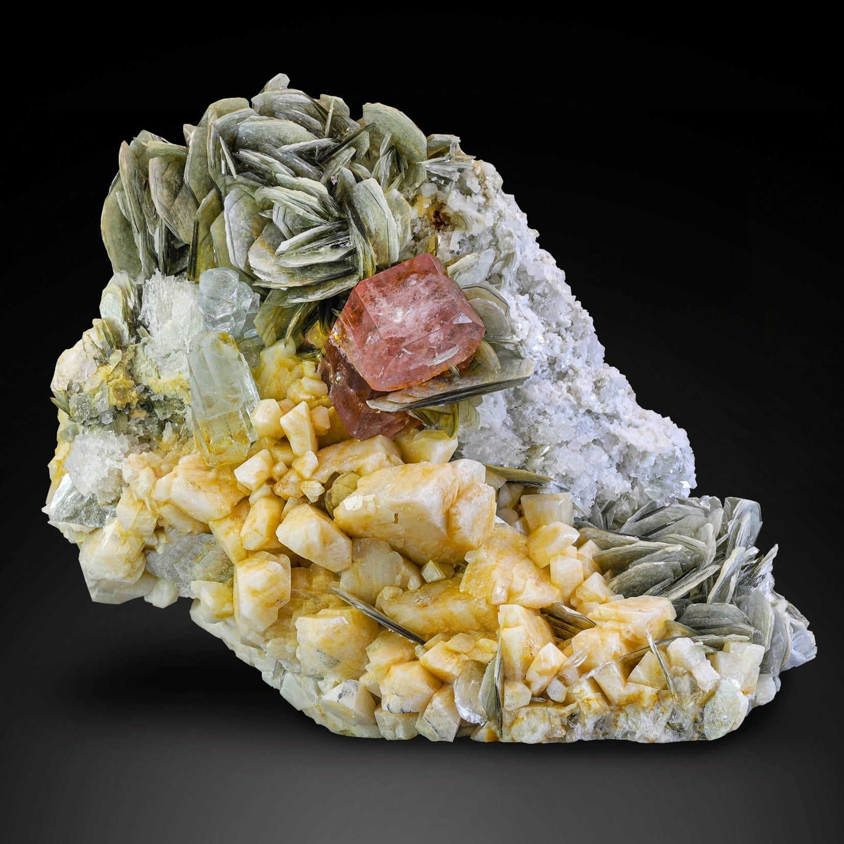 Attractive Pink Apatite Crystal on Albite with Muscovite from Pakistan