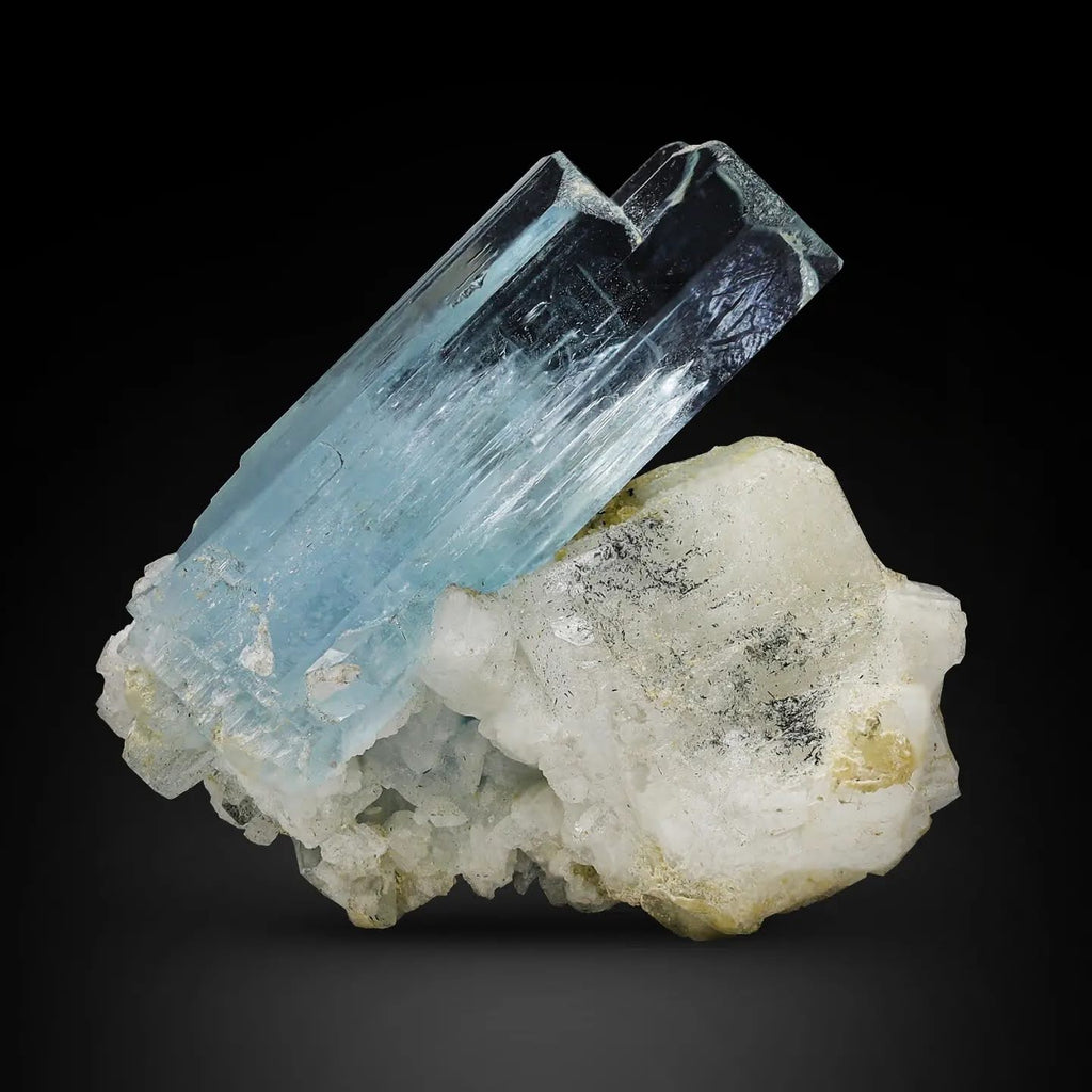 vibrant blue gem Aquamarine crystal Specimen on Albite From Pakistan