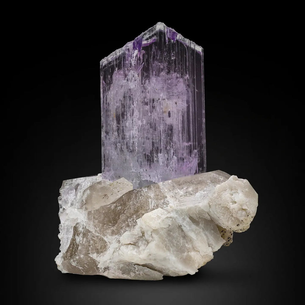 Standing Kunzite Crystal On Smoky Quartz From Afghanistan
