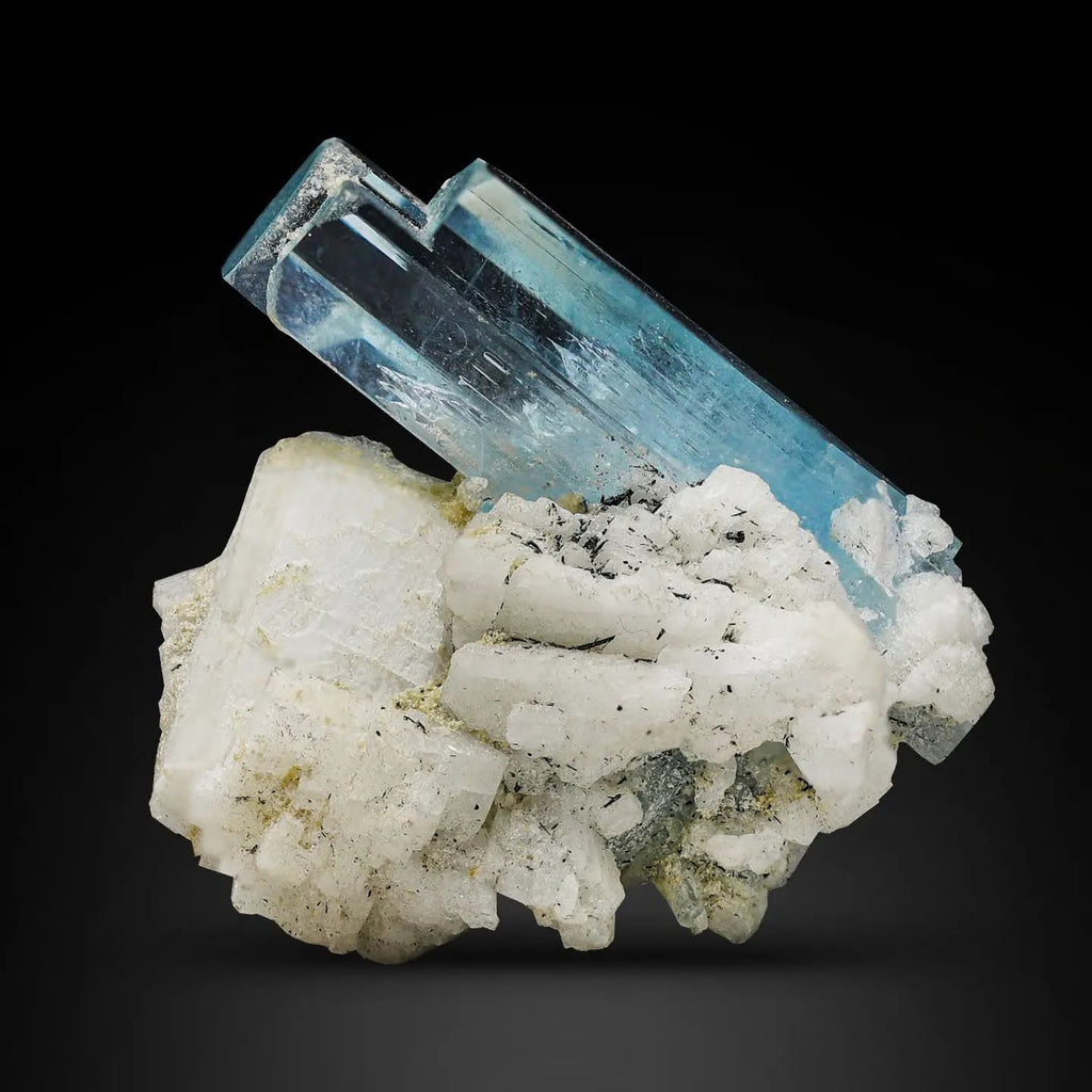 vibrant blue gem Aquamarine crystal Specimen on Albite From Pakistan