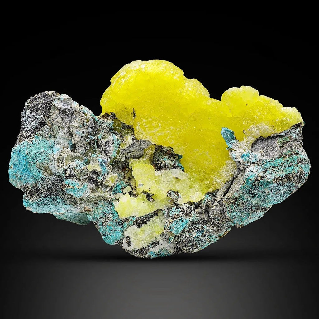 Lemon Yellow Botryoidal Brucite Crystal on Chrysocolla Matrix From Pakistan
