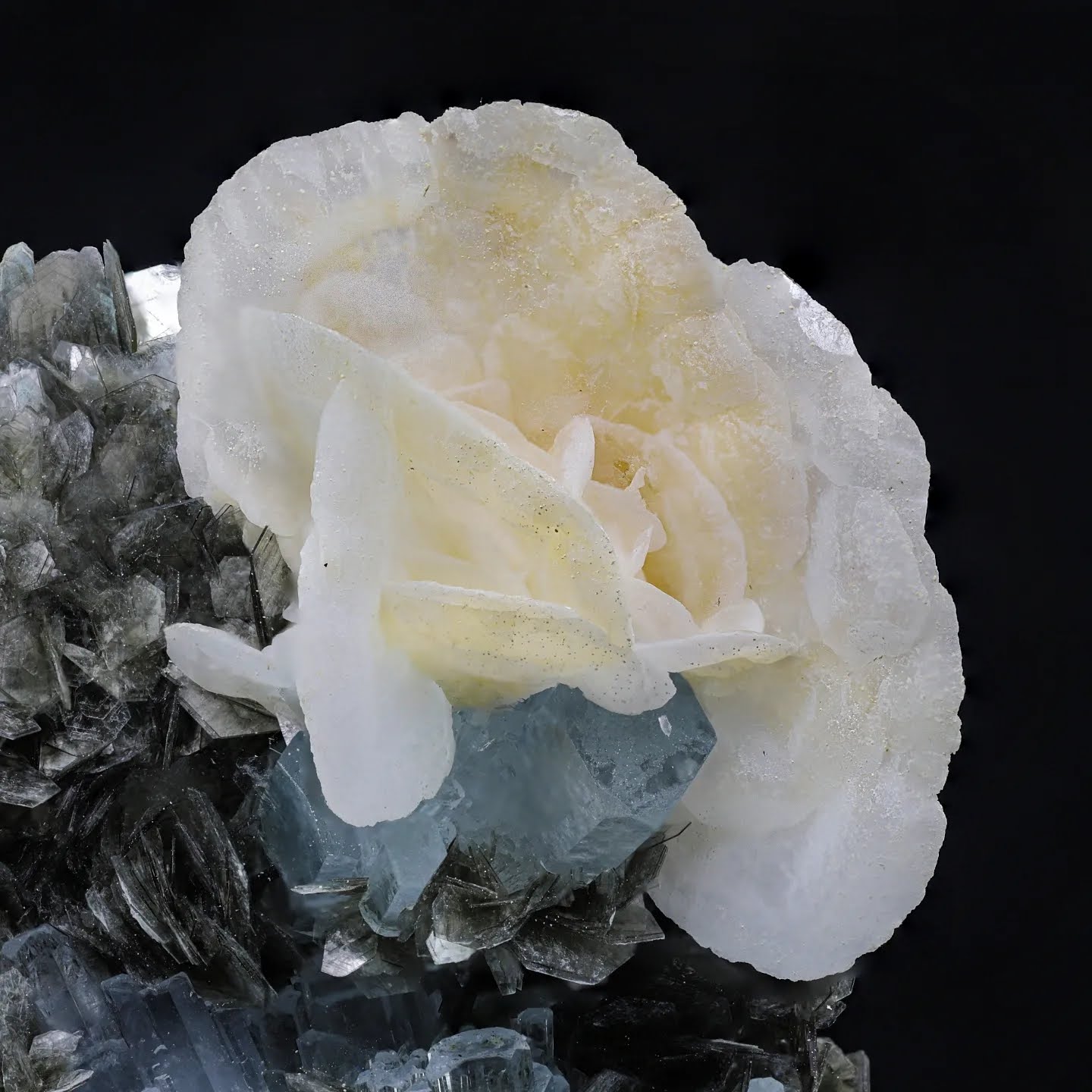 Calcite Rosettes On Aquamarine With Muscovite From Pakistan