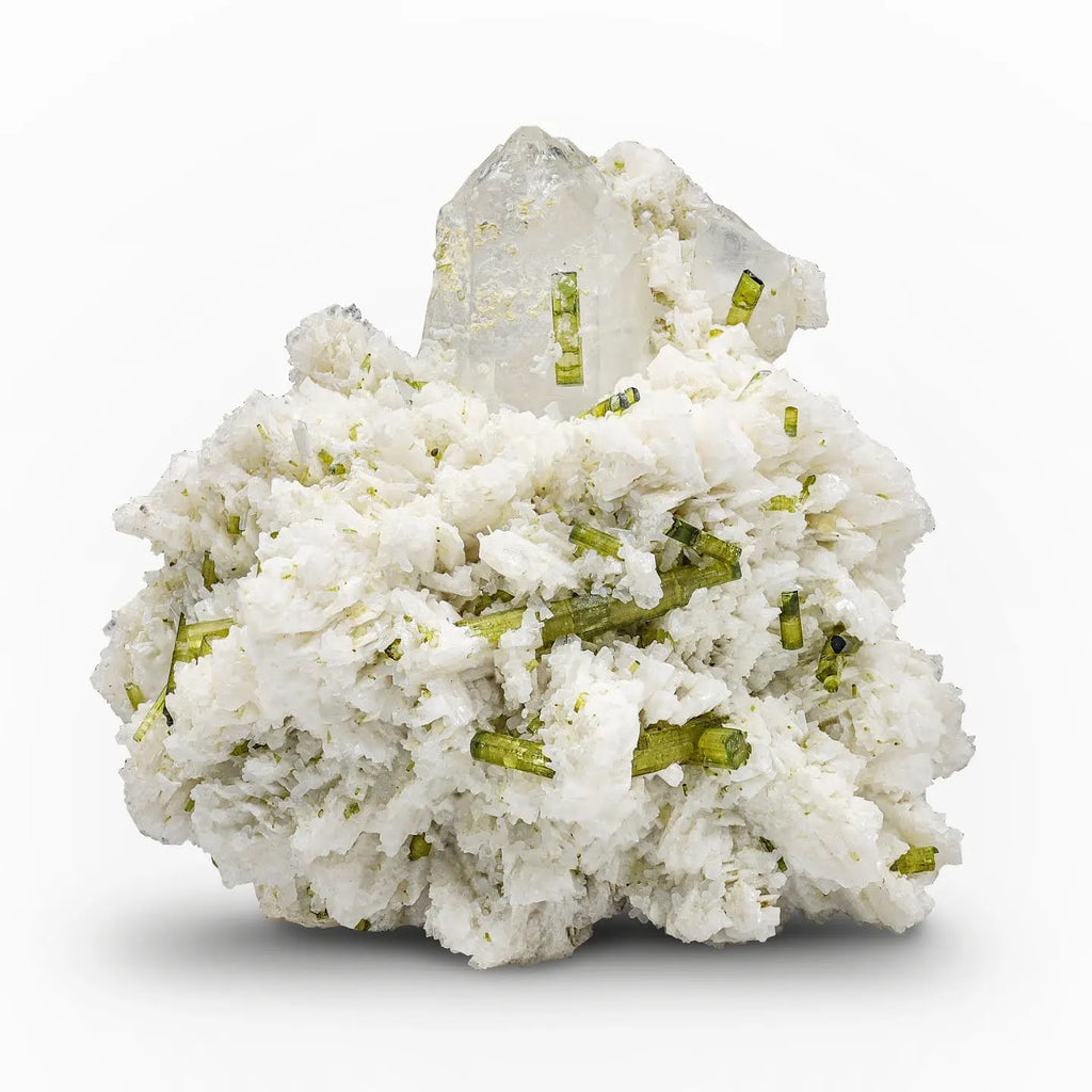 Green Tourmaline And Quartz Crystals On Cleavelandite From Afghanistan