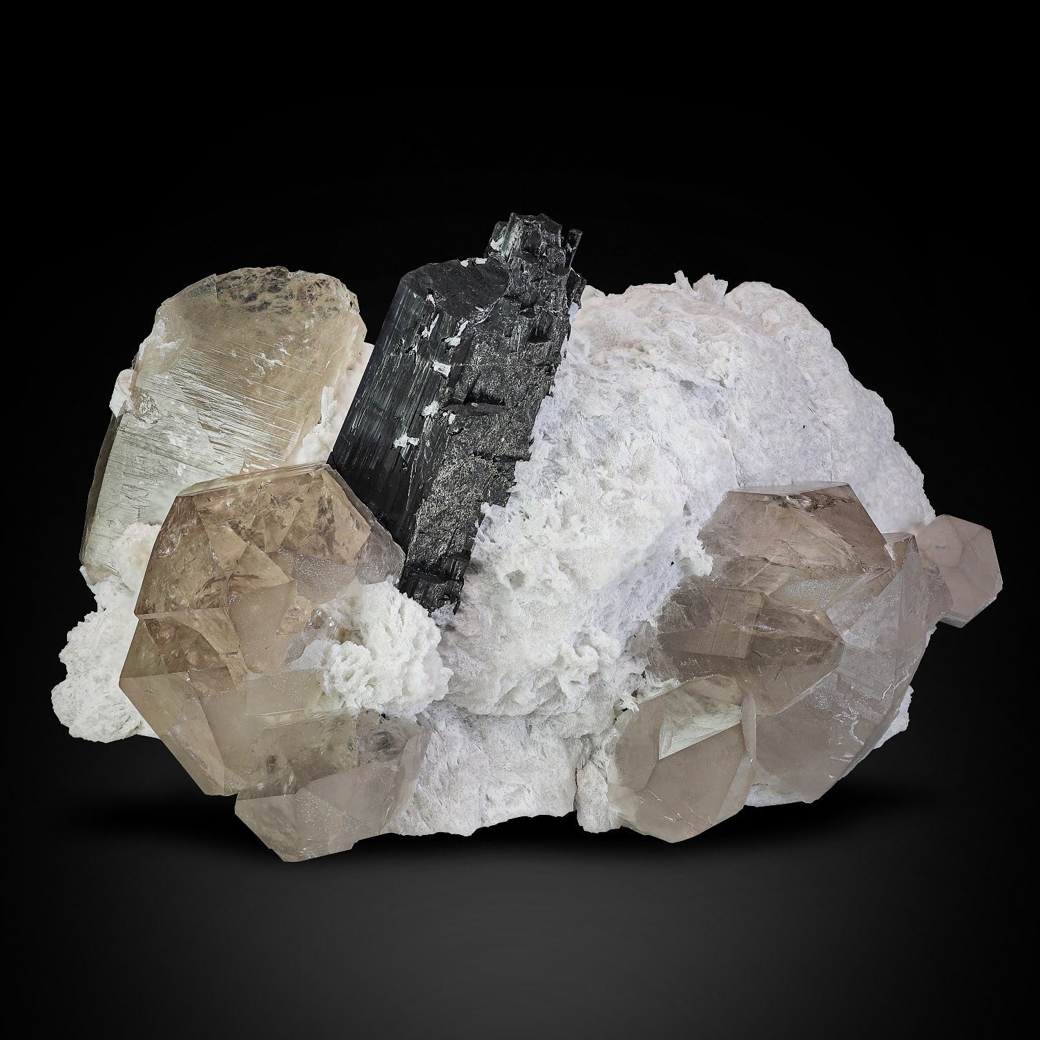 Black Tourmaline on Albite with Smoky Quartz From Pakistan