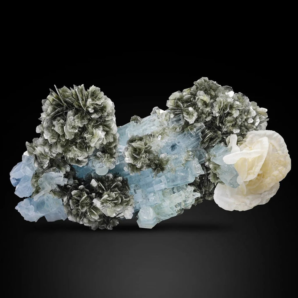 Calcite Rosettes On Aquamarine With Muscovite From Pakistan