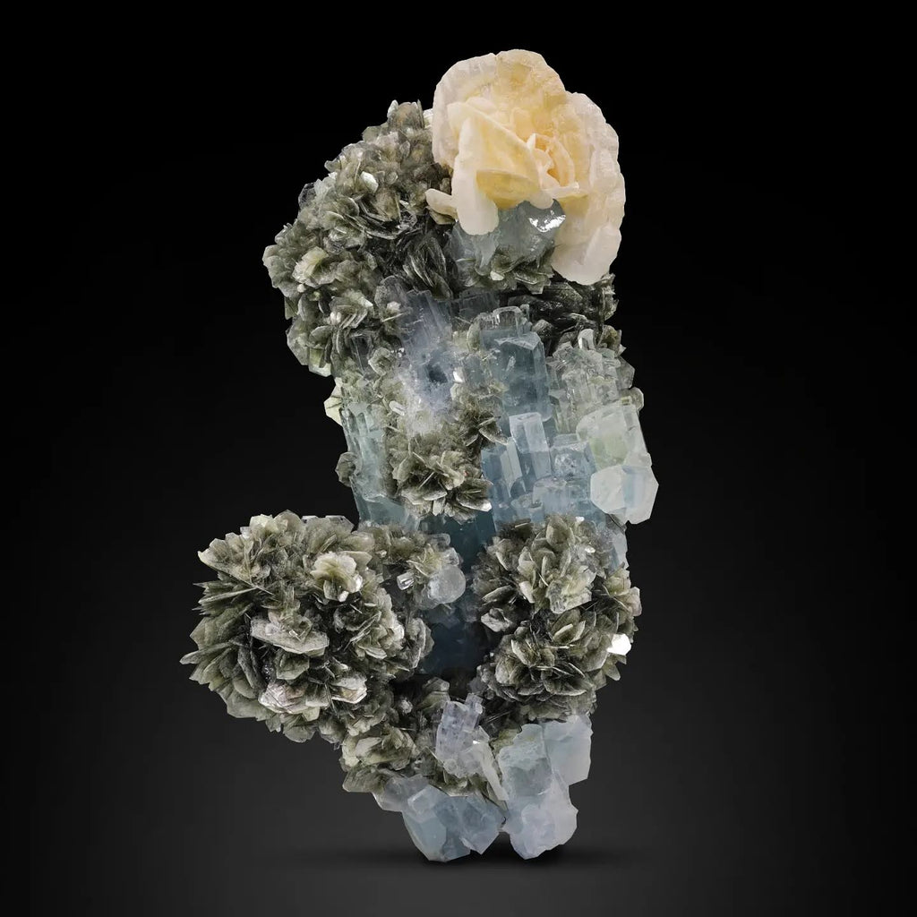 Calcite Rosettes On Aquamarine With Muscovite From Pakistan