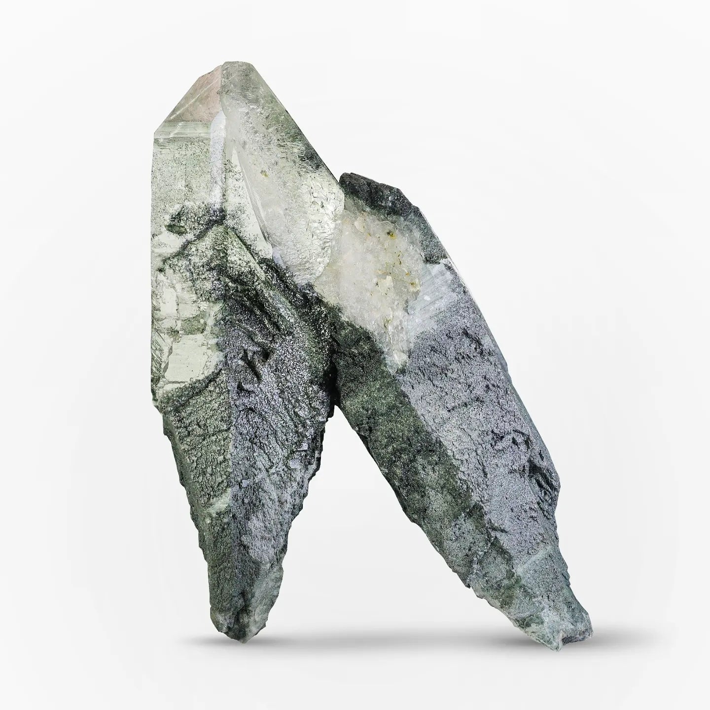 V-shape Green Chlorite Crystal included Quartz Specimen from Pakistan