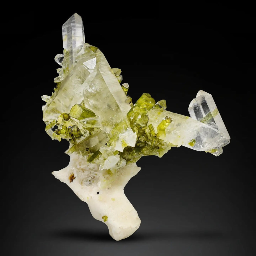 Aesthetic example of Tourmaline crystals on Quartz Crystal from Pakistan