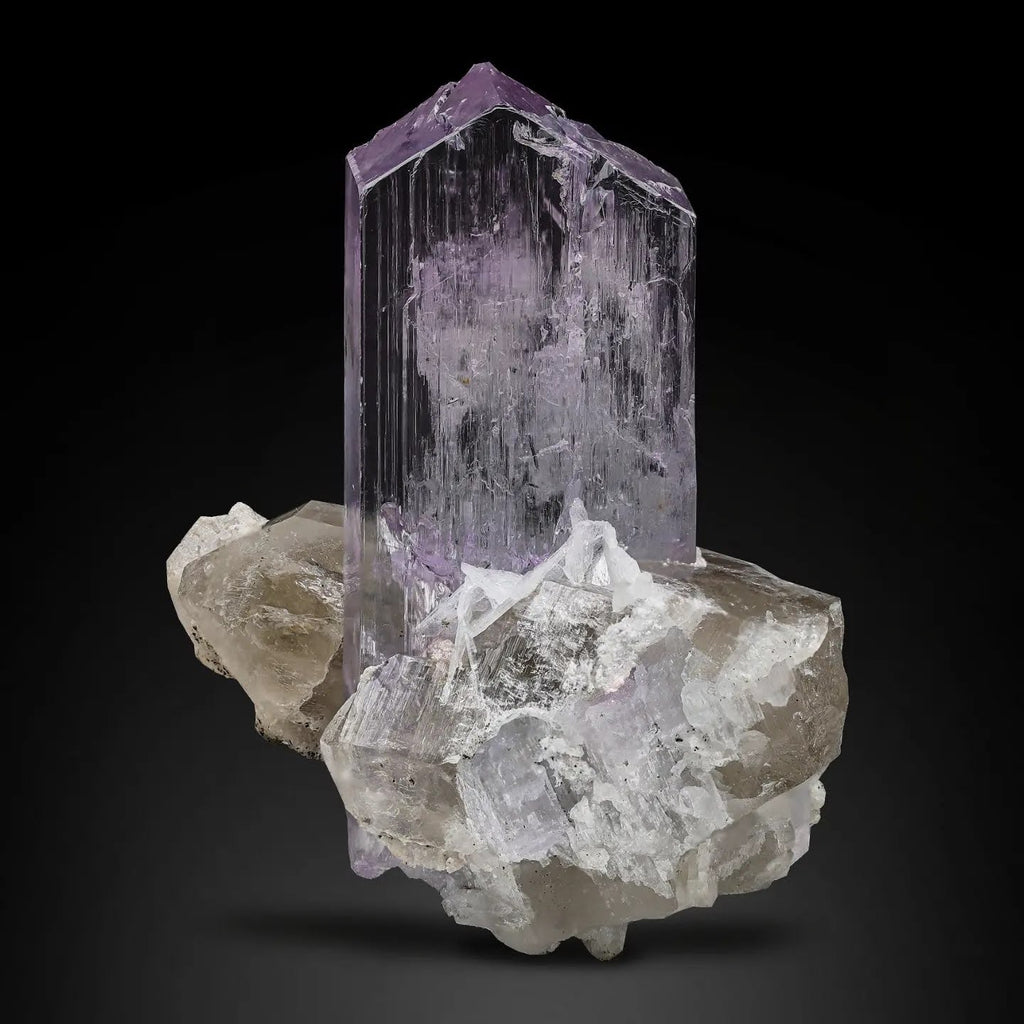 Standing Kunzite Crystal On Smoky Quartz From Afghanistan