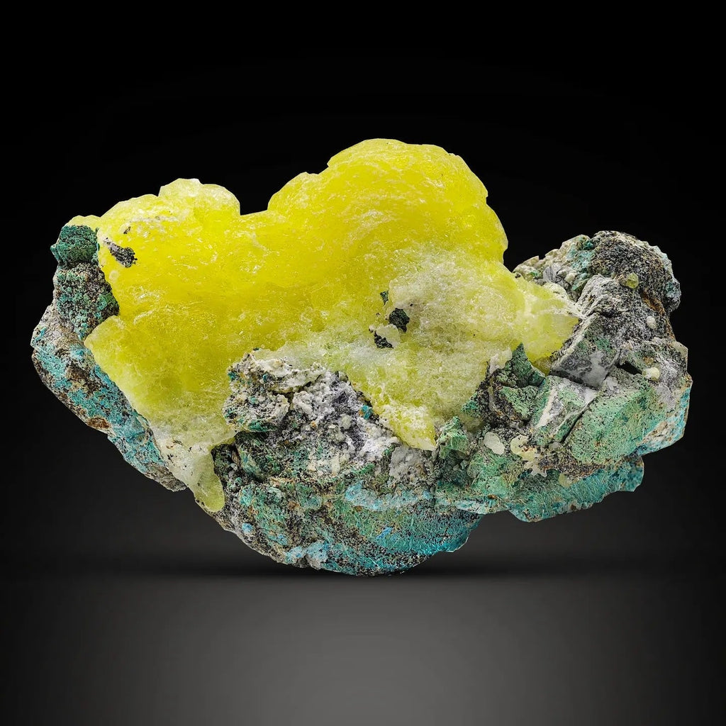 Lemon Yellow Botryoidal Brucite Crystal on Chrysocolla Matrix From Pakistan
